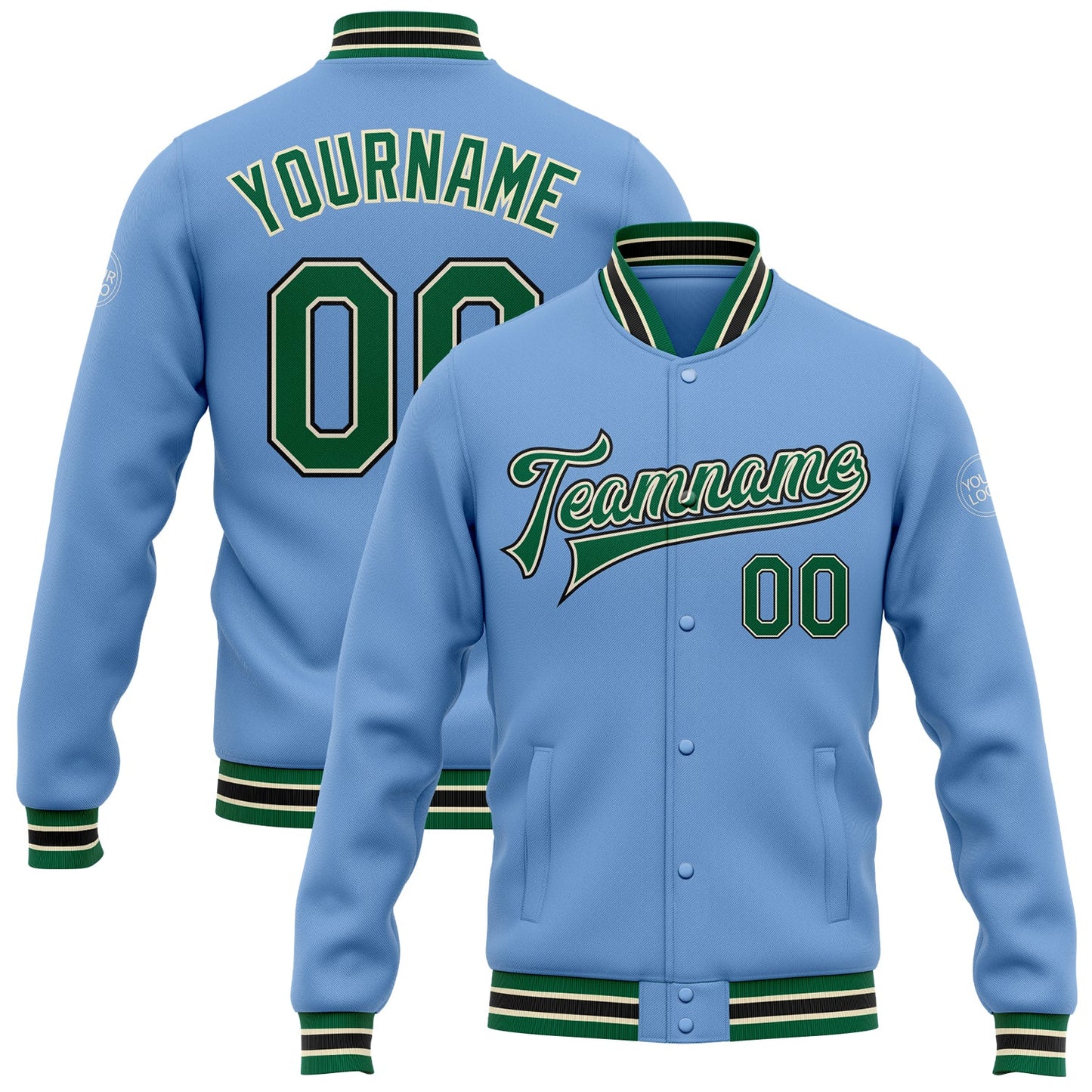 Custom Light Blue Kelly Green Cream-Black Bomber Full-Snap Varsity Letterman Jacket - Main View
