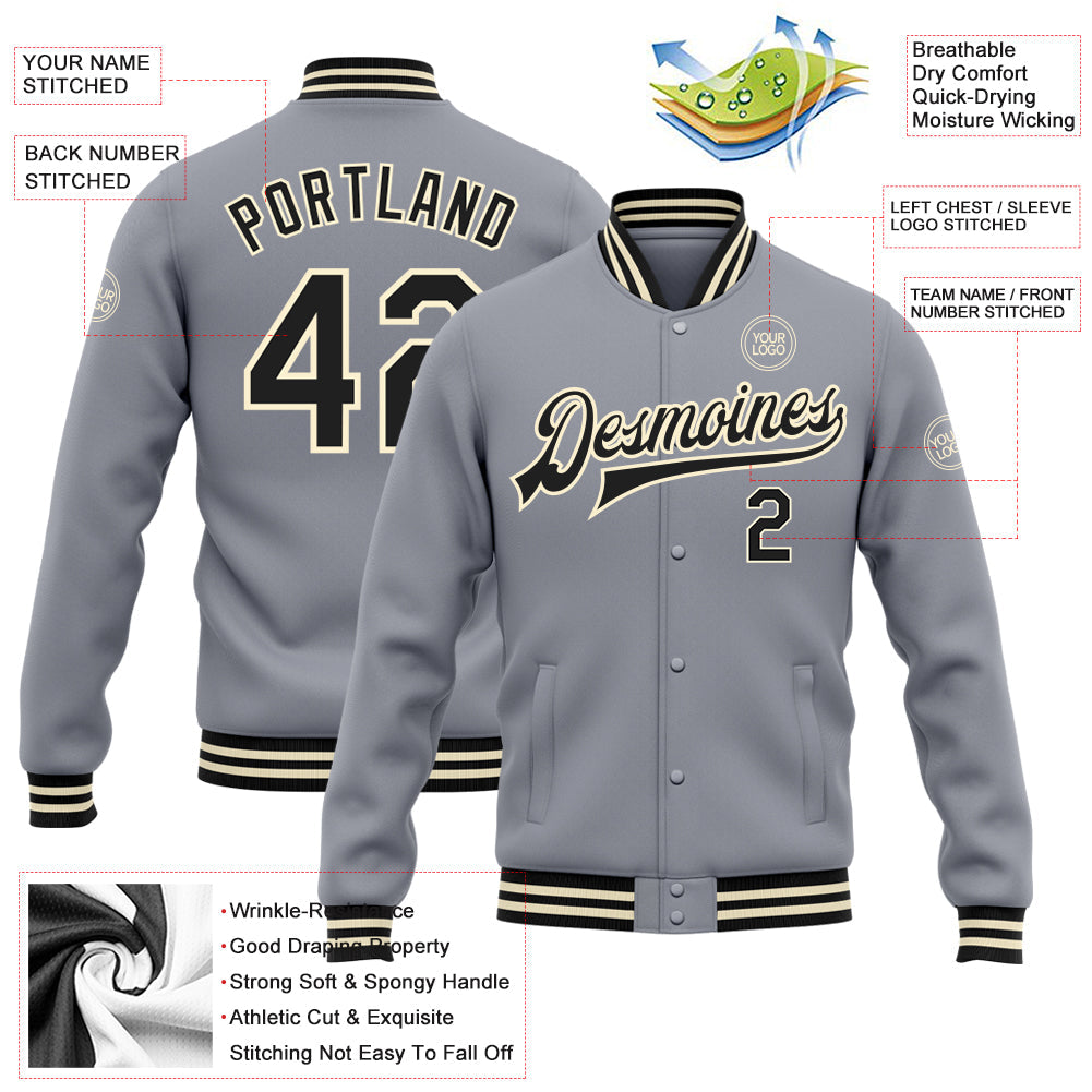 Custom Gray Black-Cream Bomber Full-Snap Varsity Letterman Jacket view 5