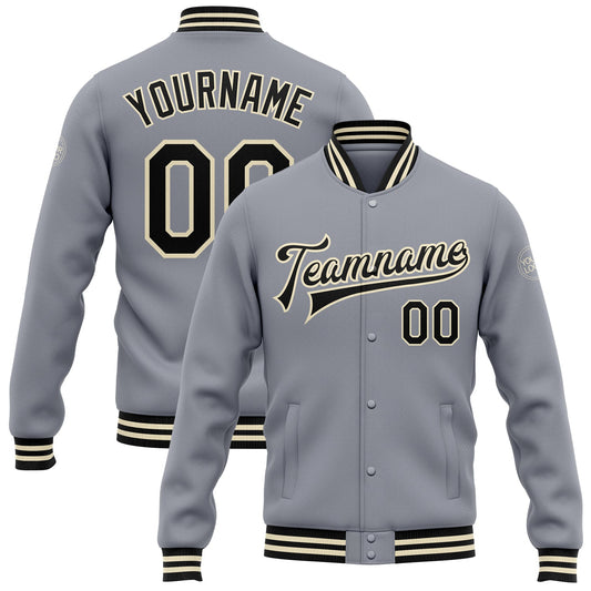 Custom Gray Black-Cream Bomber Full-Snap Varsity Letterman Jacket - Main View
