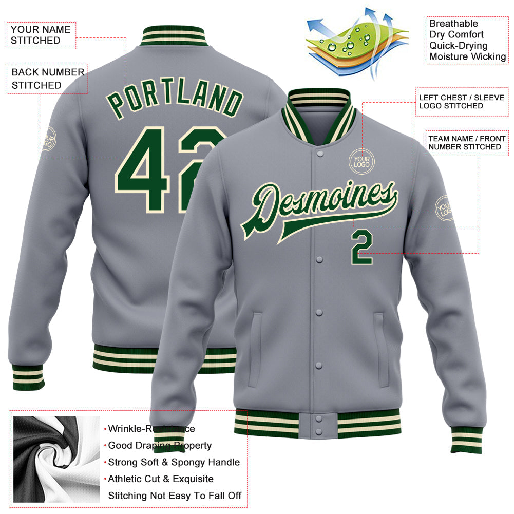 Custom Gray Green-Cream Bomber Full-Snap Varsity Letterman Jacket view 5