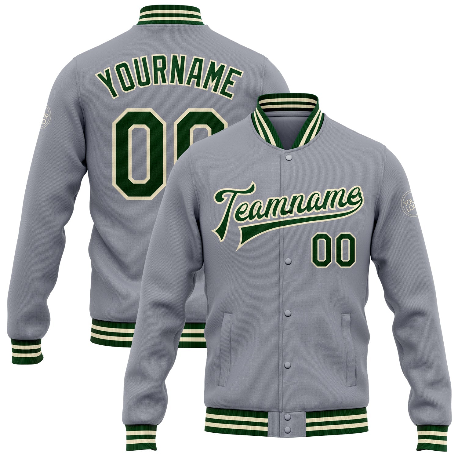 Custom Gray Green-Cream Bomber Full-Snap Varsity Letterman Jacket - Main View