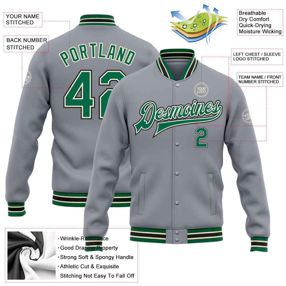 Custom Gray Kelly Green Cream-Black Bomber Full-Snap Varsity Letterman Jacket view 5