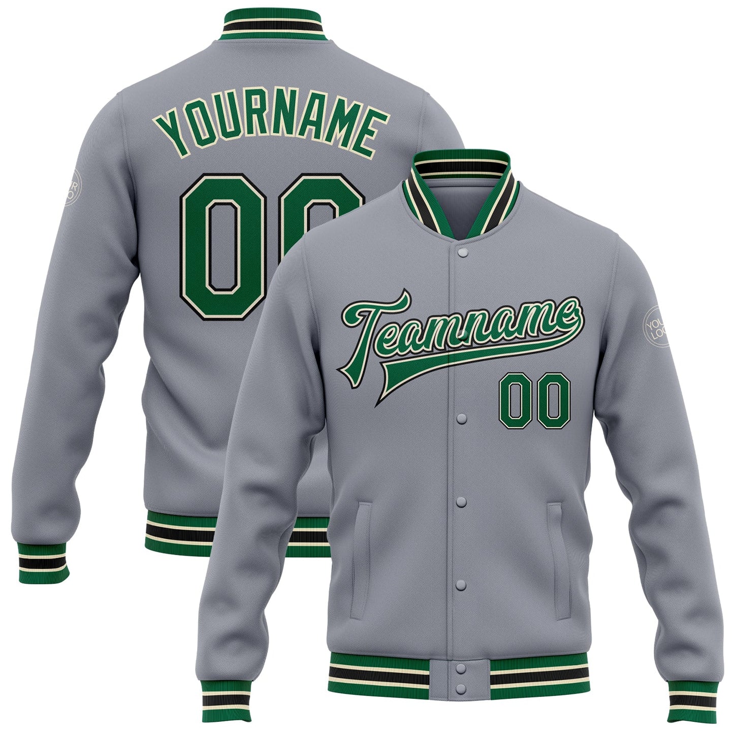 Custom Gray Kelly Green Cream-Black Bomber Full-Snap Varsity Letterman Jacket - Main View