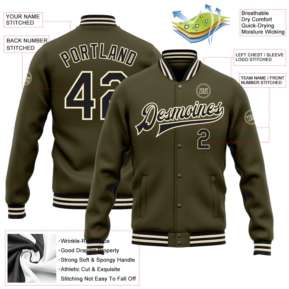 Custom Olive Black-Cream Bomber Full-Snap Varsity Letterman Salute To Service Jacket view 5
