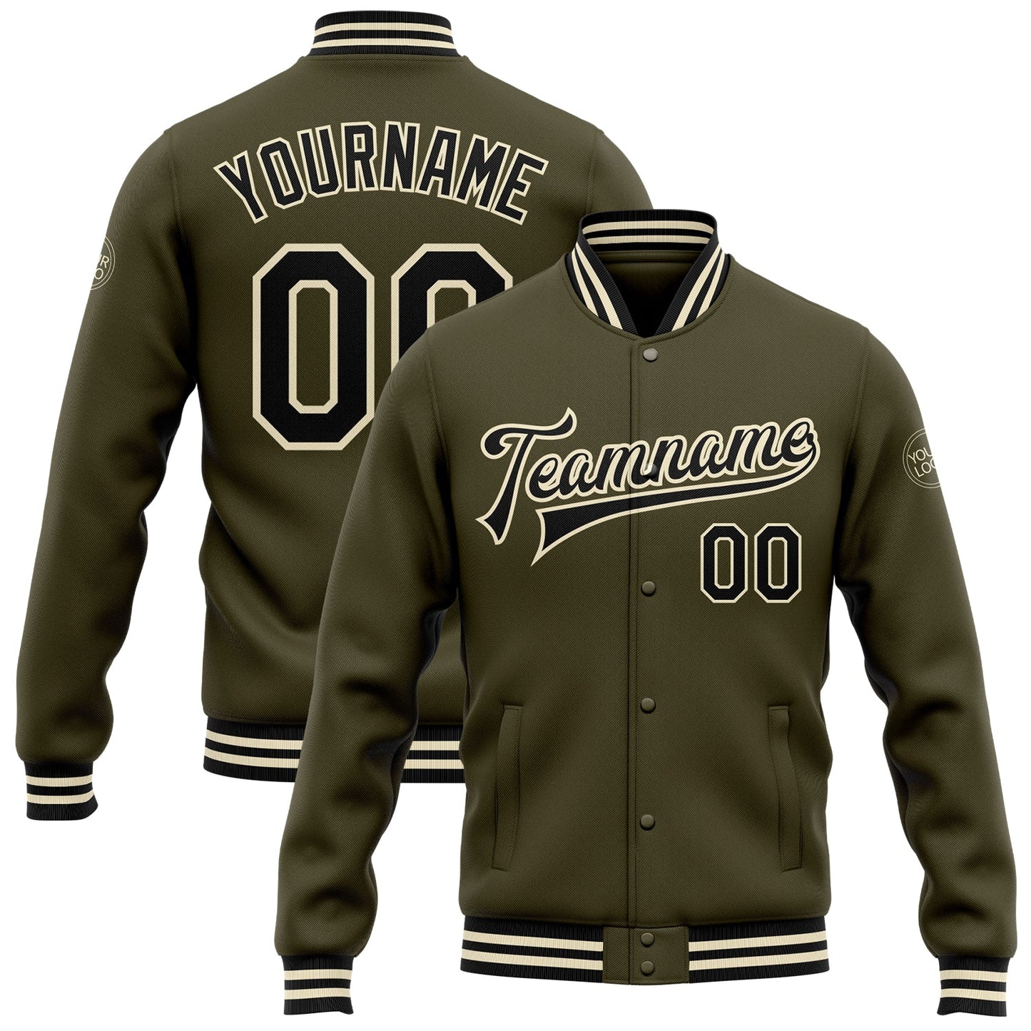 Custom Olive Black-Cream Bomber Full-Snap Varsity Letterman Salute To Service Jacket - Main View