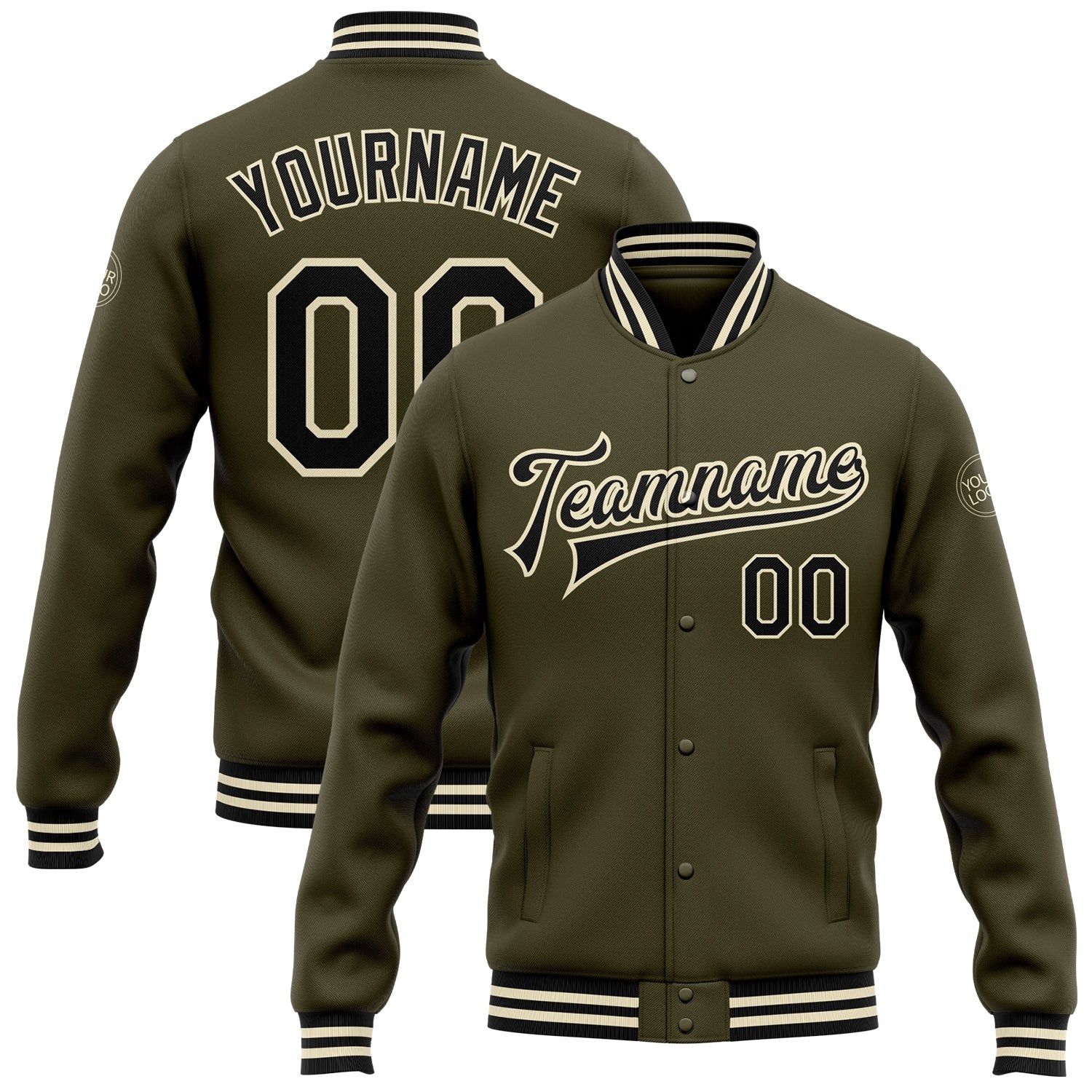 Custom Olive Black-Cream Bomber Full-Snap Varsity Letterman Salute To Service Jacket - Main View