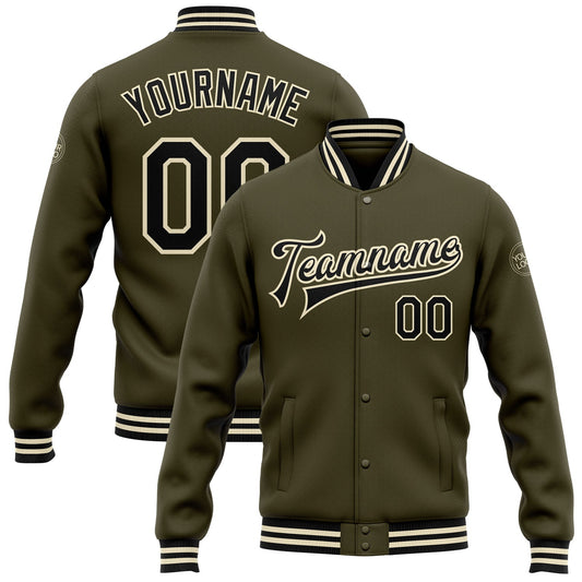 Custom Olive Black-Cream Bomber Full-Snap Varsity Letterman Salute To Service Jacket - Main View
