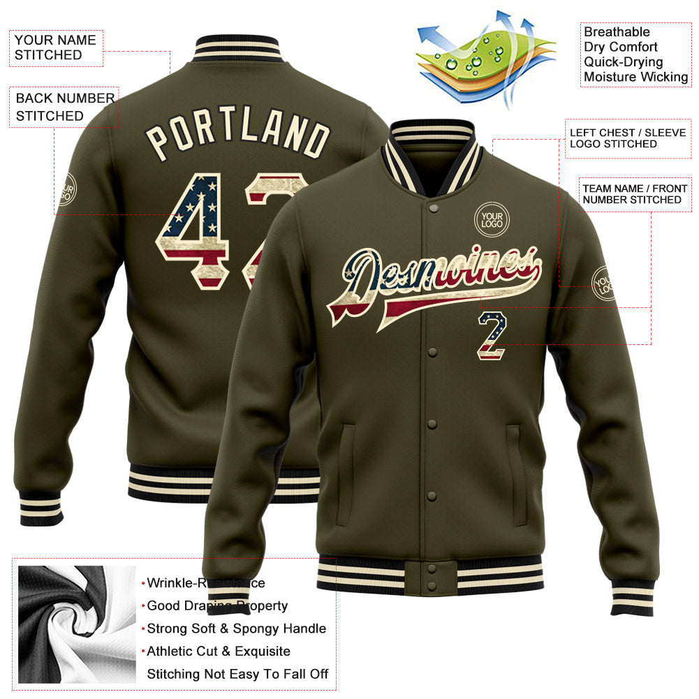 Custom Olive Vintage USA Flag Cream-Black Bomber Full-Snap Varsity Letterman Salute To Service Jacket view 5