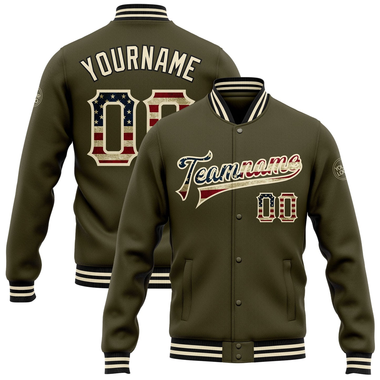 Custom Olive Vintage USA Flag Cream-Black Bomber Full-Snap Varsity Letterman Salute To Service Jacket - Main View