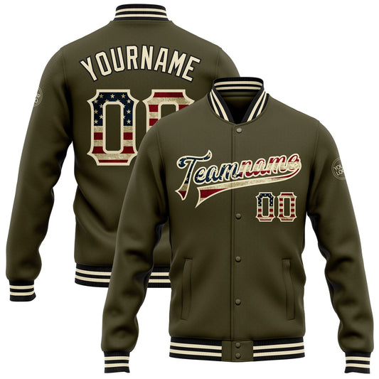 Custom Olive Vintage USA Flag Cream-Black Bomber Full-Snap Varsity Letterman Salute To Service Jacket - Main View