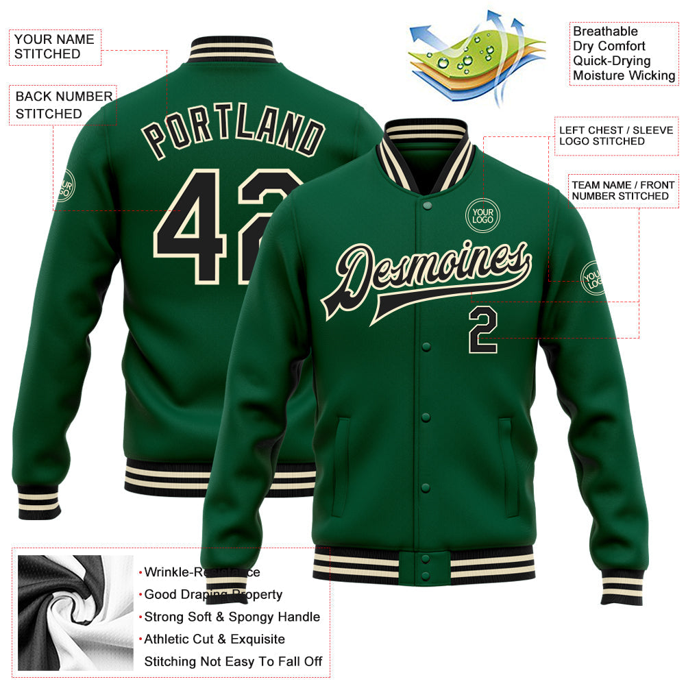 Custom Kelly Green Black-Cream Bomber Full-Snap Varsity Letterman Jacket view 5