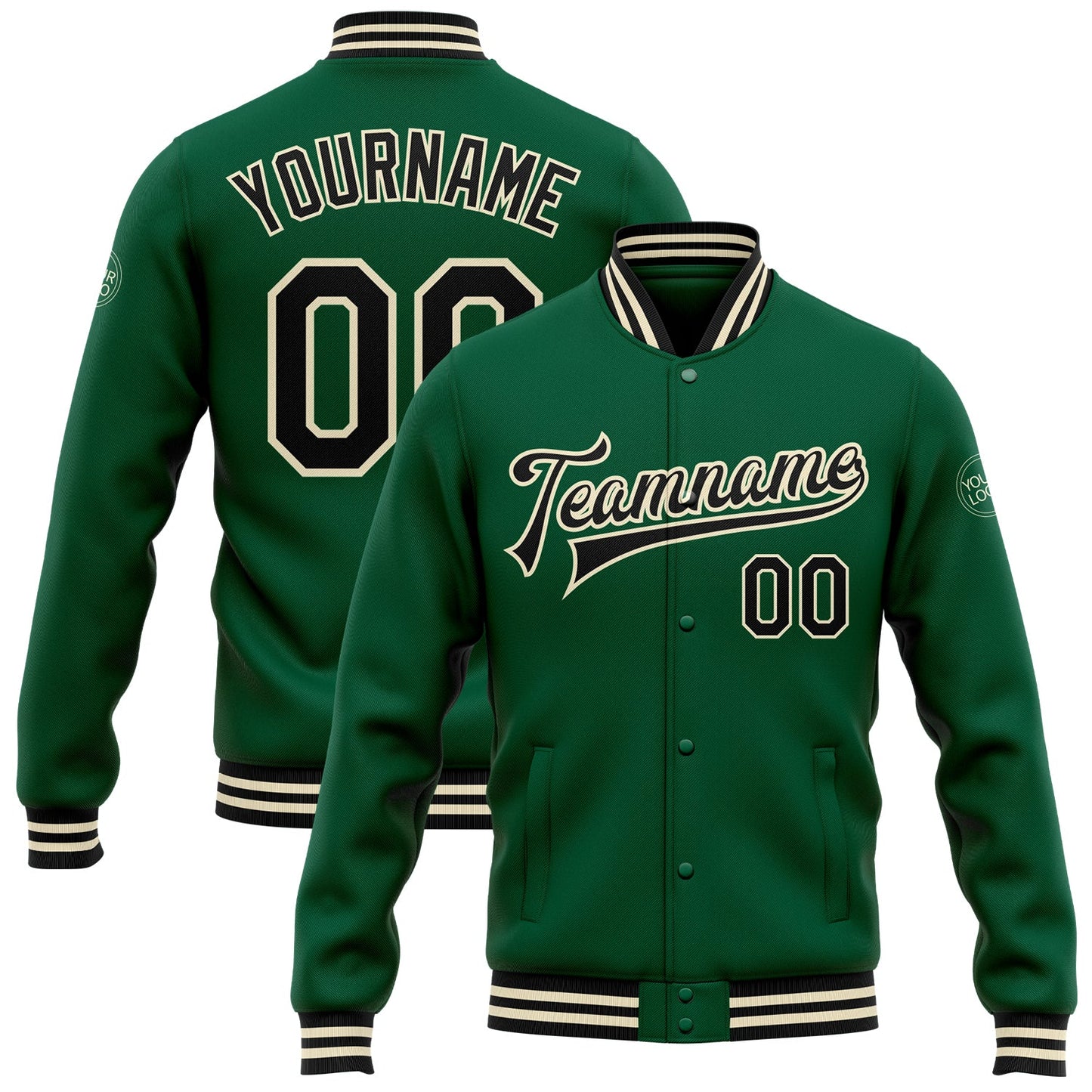 Custom Kelly Green Black-Cream Bomber Full-Snap Varsity Letterman Jacket - Main View