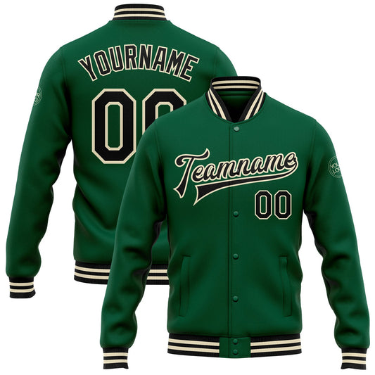 Custom Kelly Green Black-Cream Bomber Full-Snap Varsity Letterman Jacket - Main View