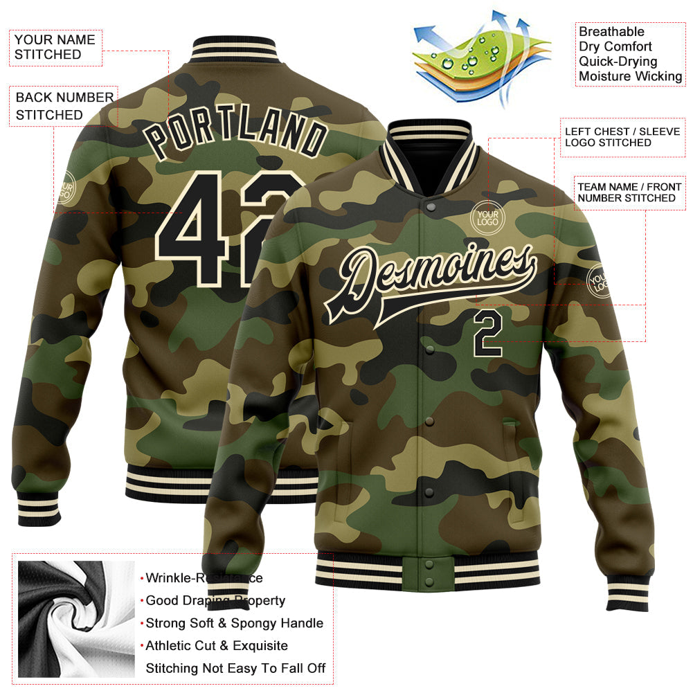Custom Camo Black-Cream Bomber Full-Snap Varsity Letterman Salute To Service Jacket view 5