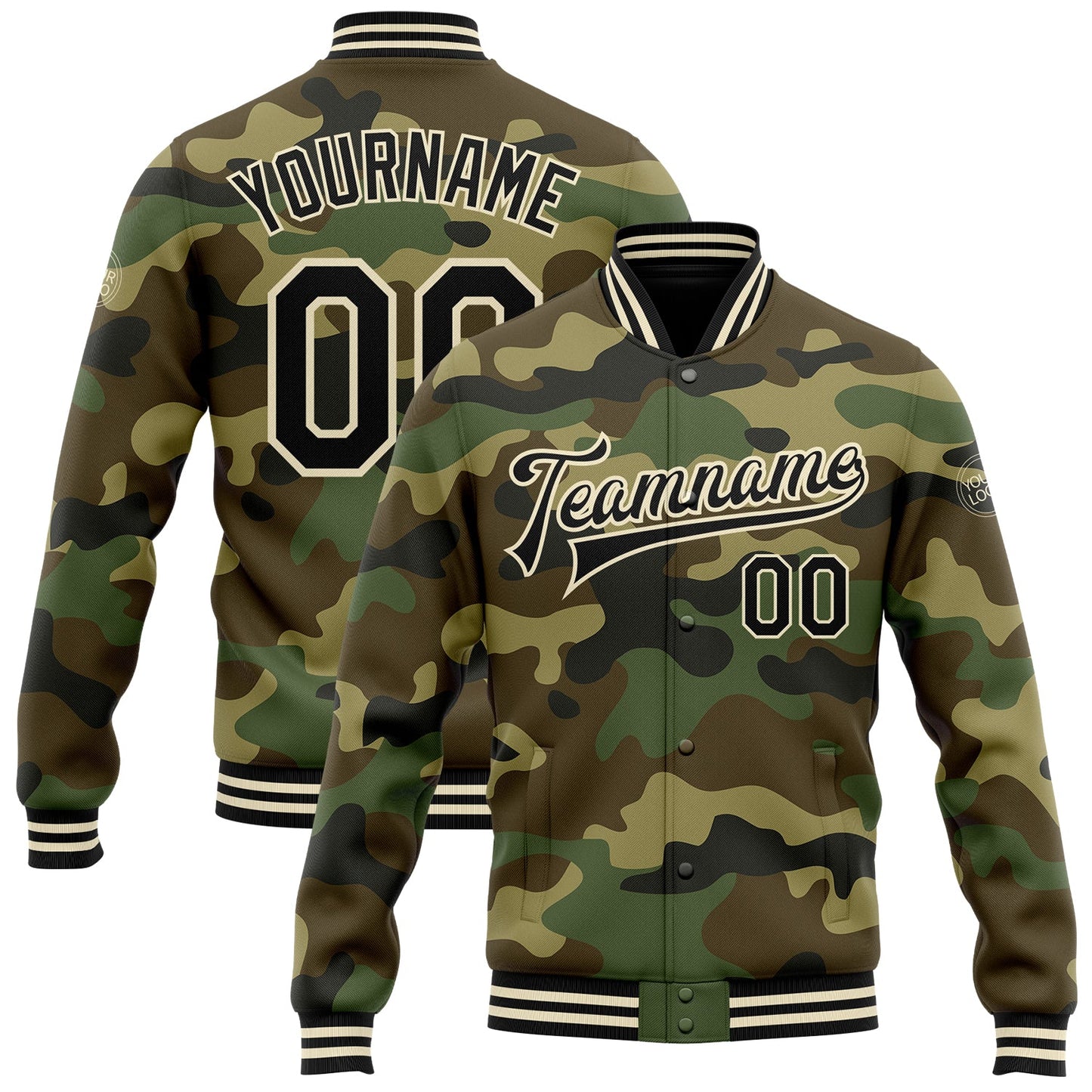 Custom Camo Black-Cream Bomber Full-Snap Varsity Letterman Salute To Service Jacket - Main View
