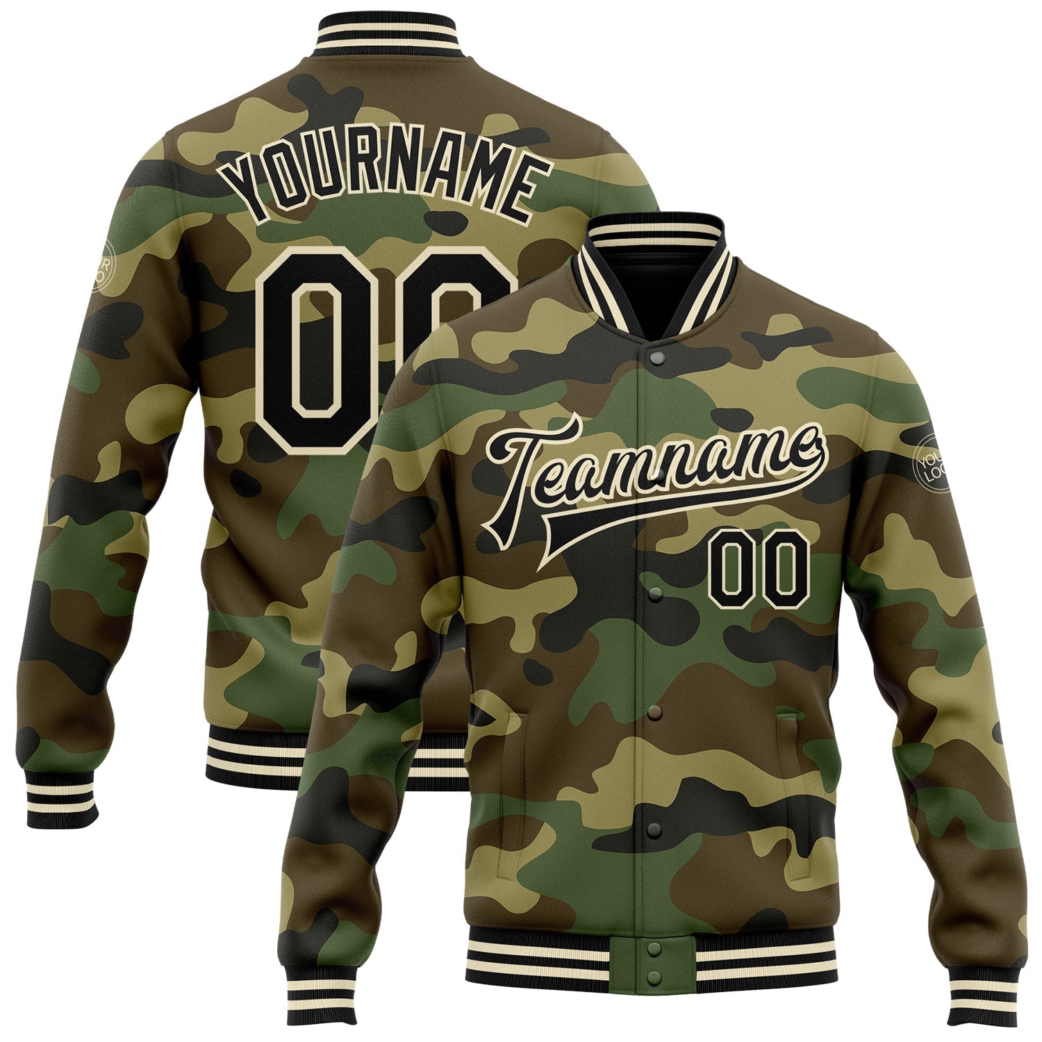 Custom Camo Black-Cream Bomber Full-Snap Varsity Letterman Salute To Service Jacket - Main View