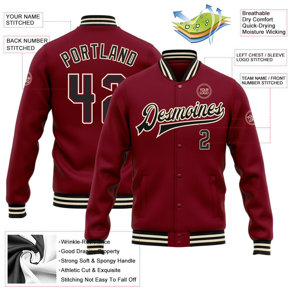 Custom Crimson Black-Cream Bomber Full-Snap Varsity Letterman Jacket view 5