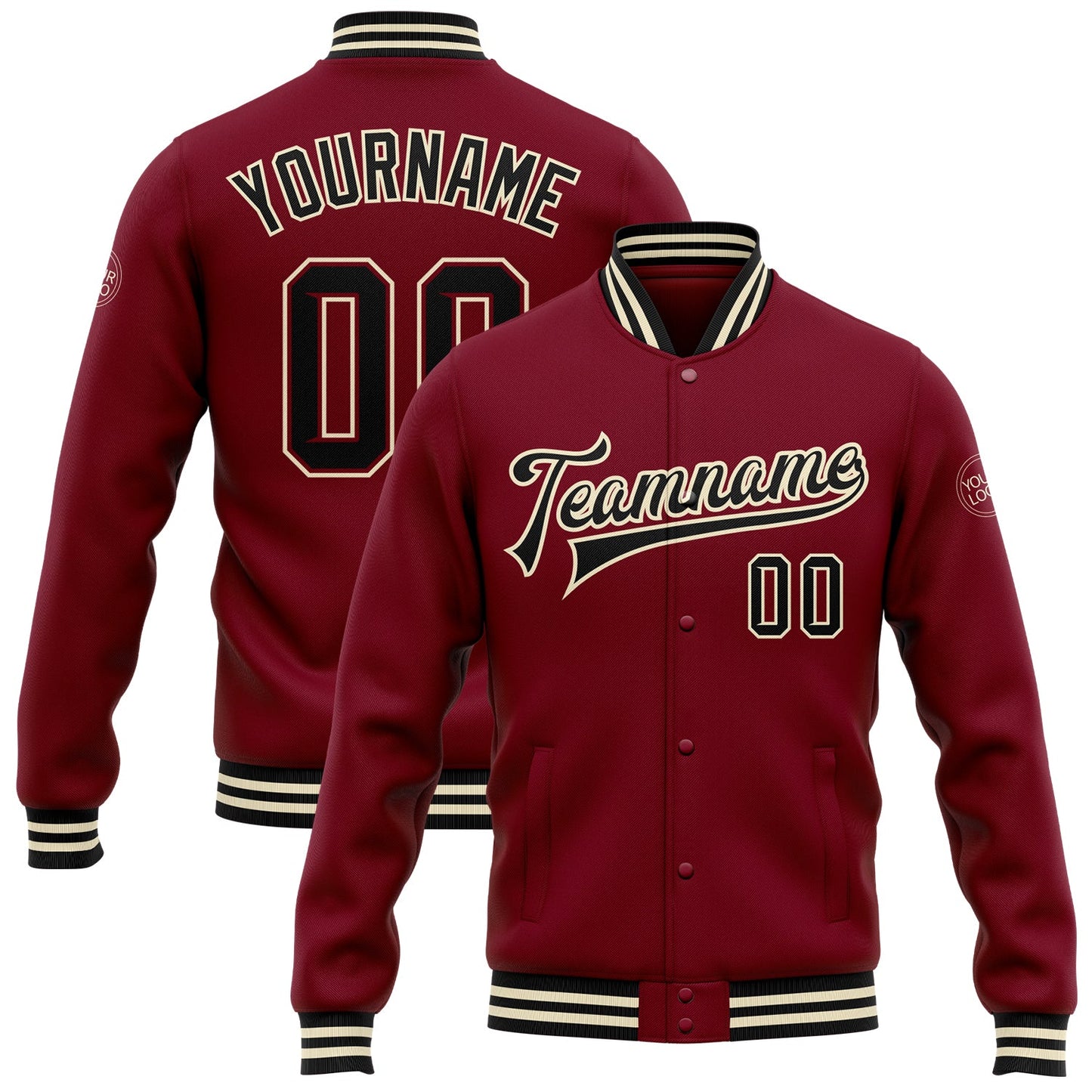 Custom Crimson Black-Cream Bomber Full-Snap Varsity Letterman Jacket - Main View