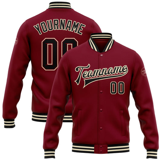 Custom Crimson Black-Cream Bomber Full-Snap Varsity Letterman Jacket - Main View