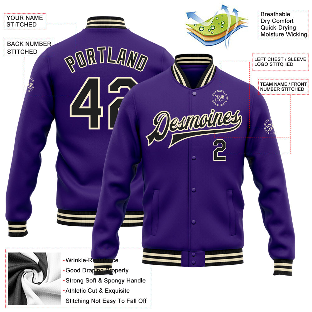 Custom Purple Black-Cream Bomber Full-Snap Varsity Letterman Jacket view 5