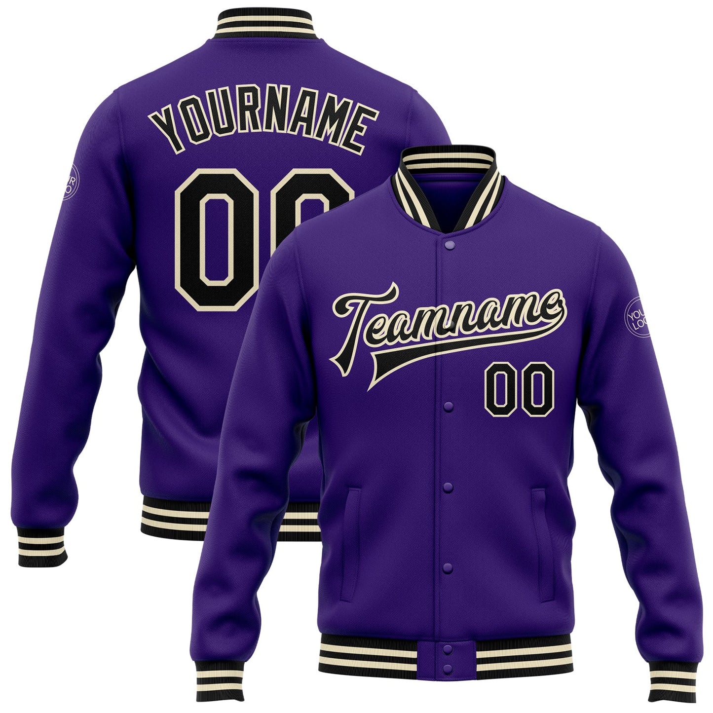 Custom Purple Black-Cream Bomber Full-Snap Varsity Letterman Jacket - Main View