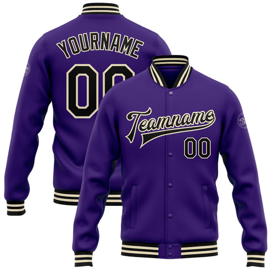 Custom Purple Black-Cream Bomber Full-Snap Varsity Letterman Jacket - Main View