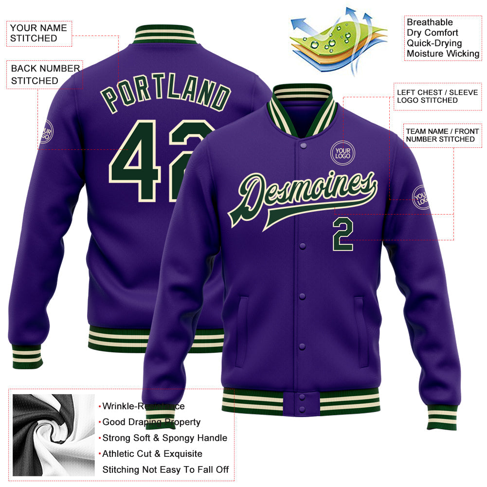 Custom Purple Green-Cream Bomber Full-Snap Varsity Letterman Jacket view 5