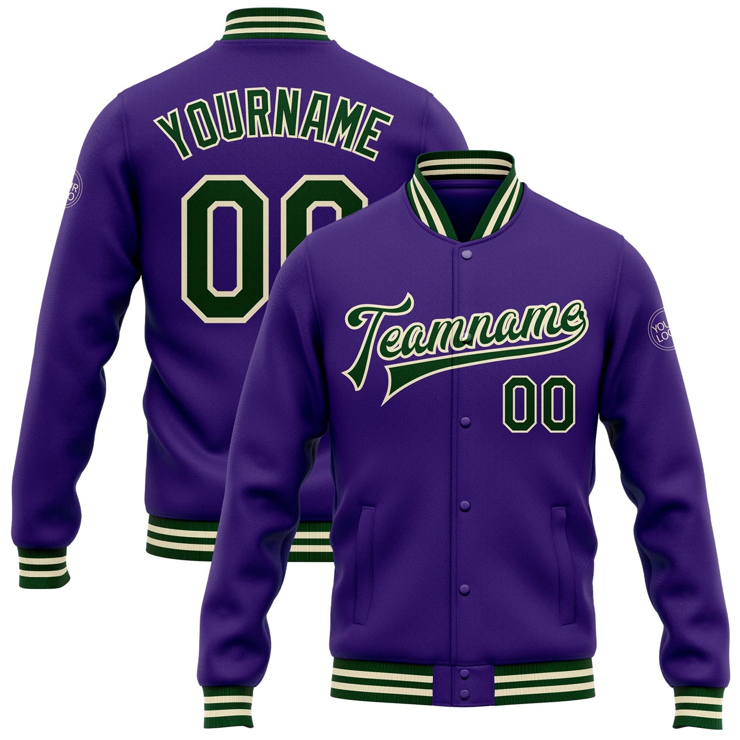 Custom Purple Green-Cream Bomber Full-Snap Varsity Letterman Jacket - Main View