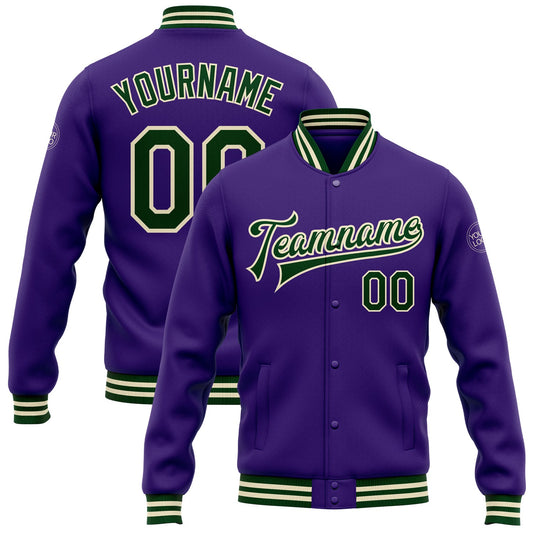 Custom Purple Green-Cream Bomber Full-Snap Varsity Letterman Jacket - Main View