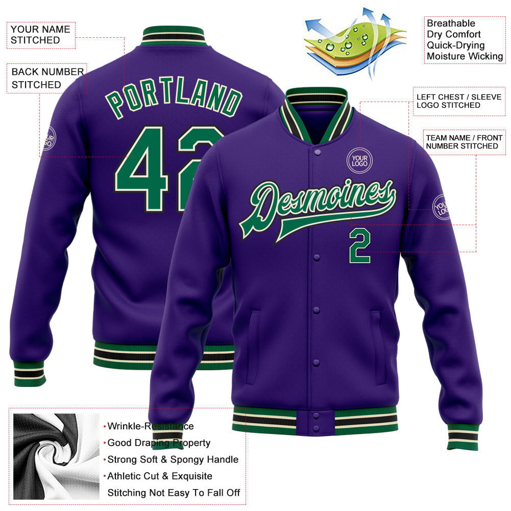 Custom Purple Kelly Green Cream-Black Bomber Full-Snap Varsity Letterman Jacket view 5