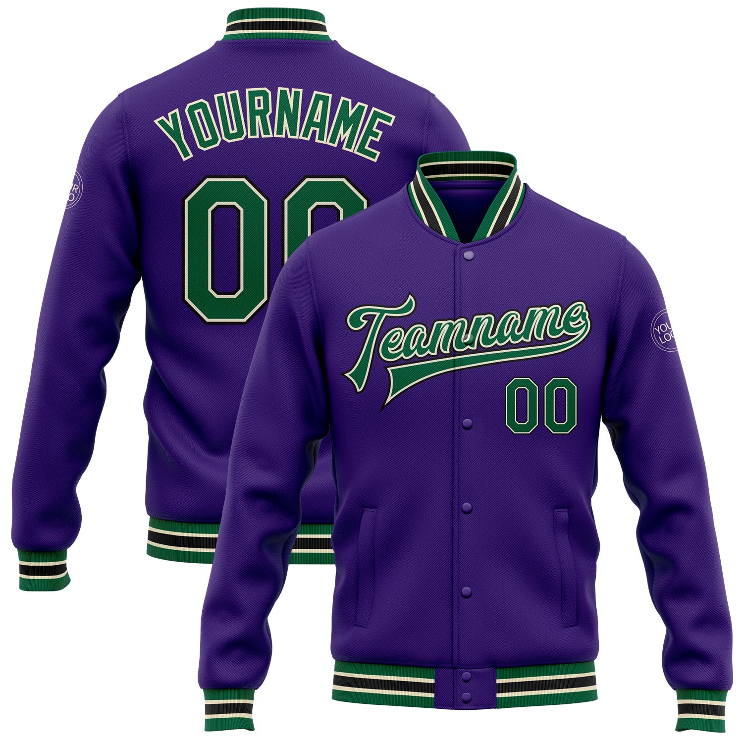 Custom Purple Kelly Green Cream-Black Bomber Full-Snap Varsity Letterman Jacket - Main View