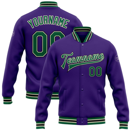 Custom Purple Kelly Green Cream-Black Bomber Full-Snap Varsity Letterman Jacket - Main View