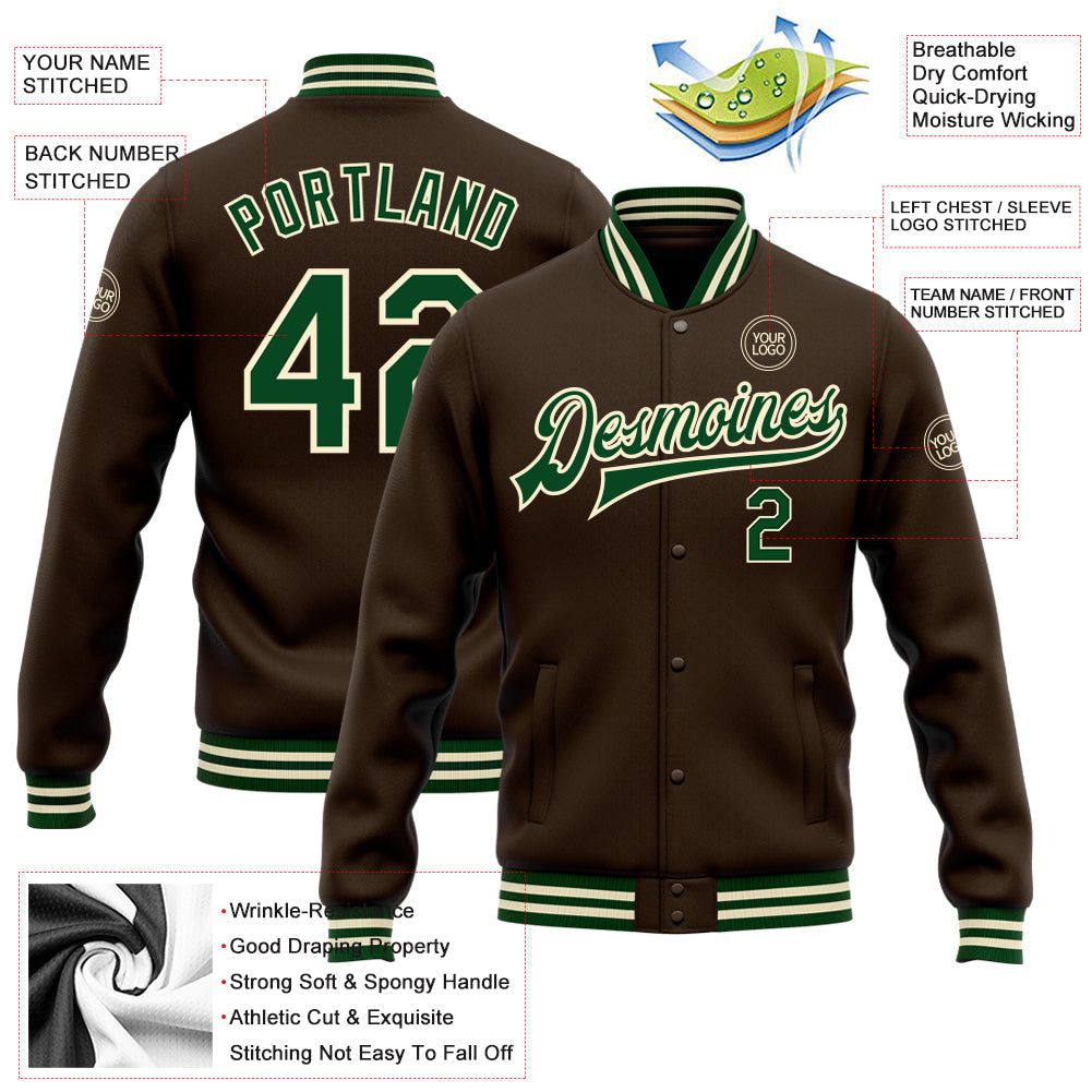 Custom Brown Green-Cream Bomber Full-Snap Varsity Letterman Jacket view 5
