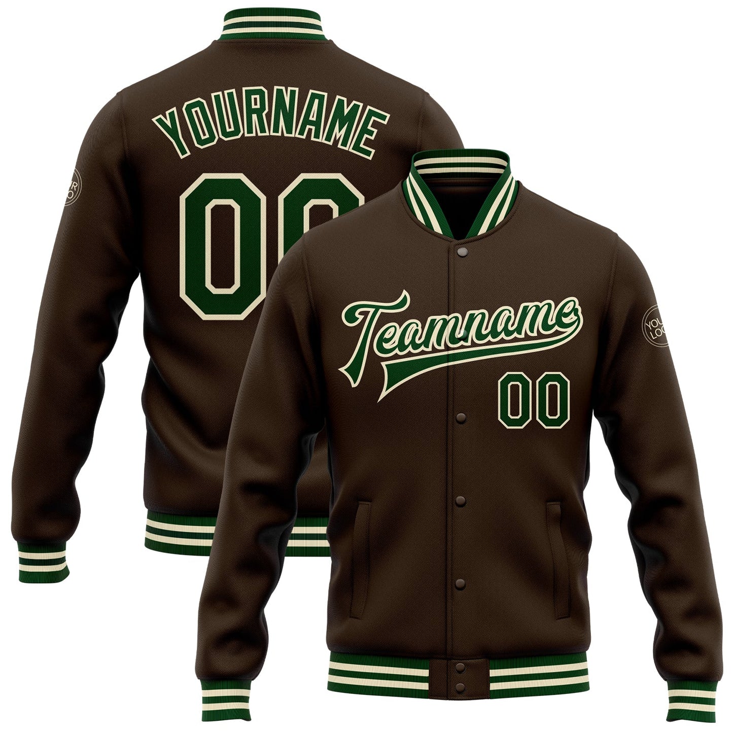 Custom Brown Green-Cream Bomber Full-Snap Varsity Letterman Jacket - Main View