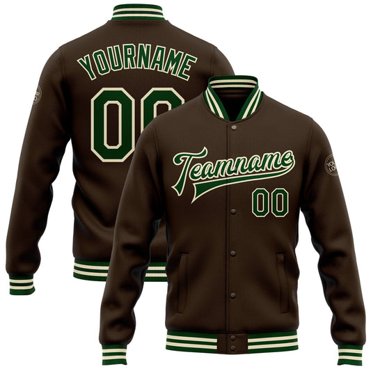 Custom Brown Green-Cream Bomber Full-Snap Varsity Letterman Jacket - Main View