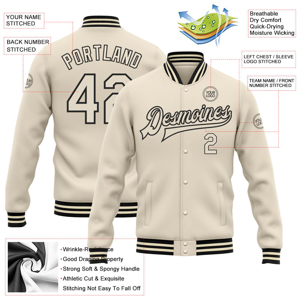 Custom Cream Cream-Black Bomber Full-Snap Varsity Letterman Jacket view 5