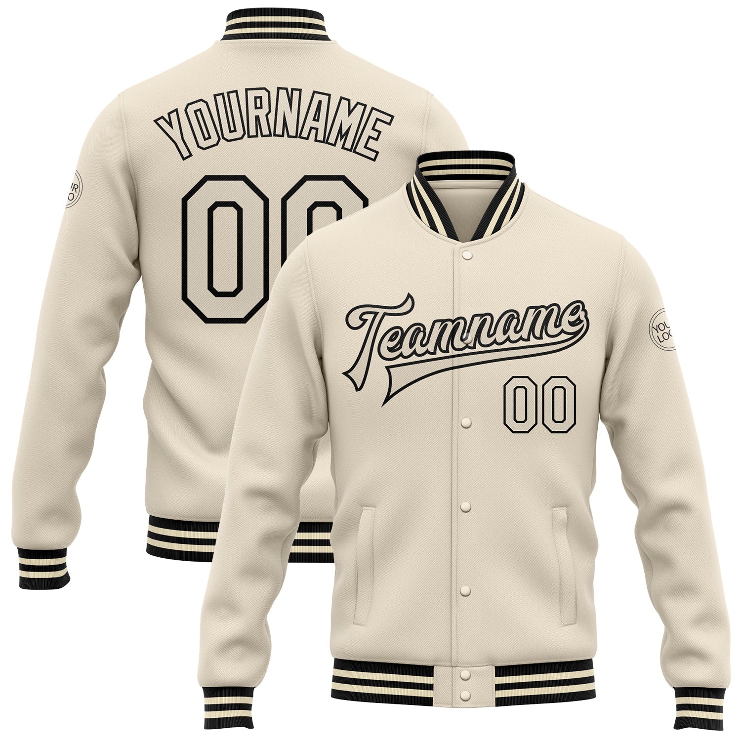 Custom Cream Cream-Black Bomber Full-Snap Varsity Letterman Jacket - Main View