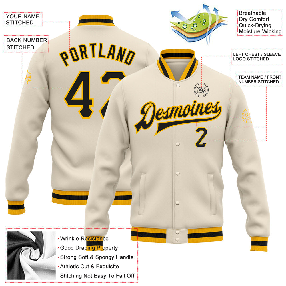 Custom Cream Black-Gold Bomber Full-Snap Varsity Letterman Jacket view 5