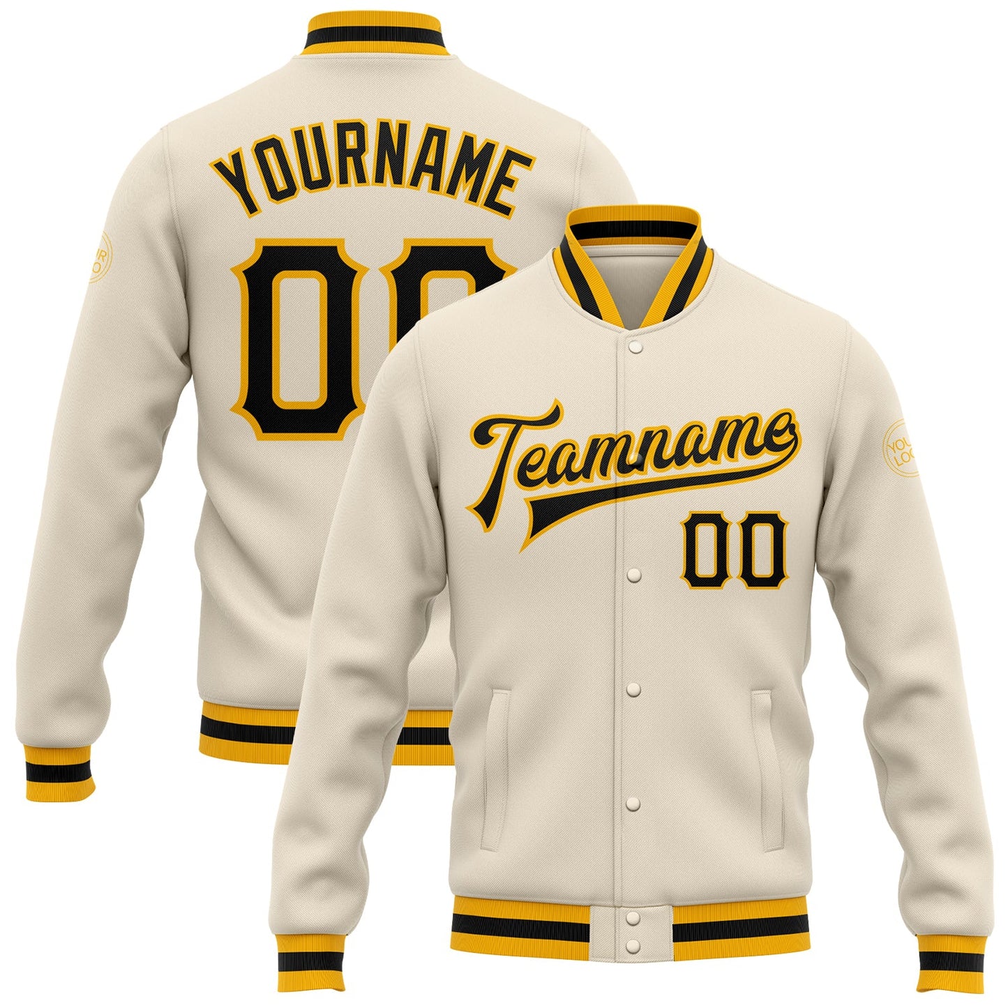 Custom Cream Black-Gold Bomber Full-Snap Varsity Letterman Jacket - Main View