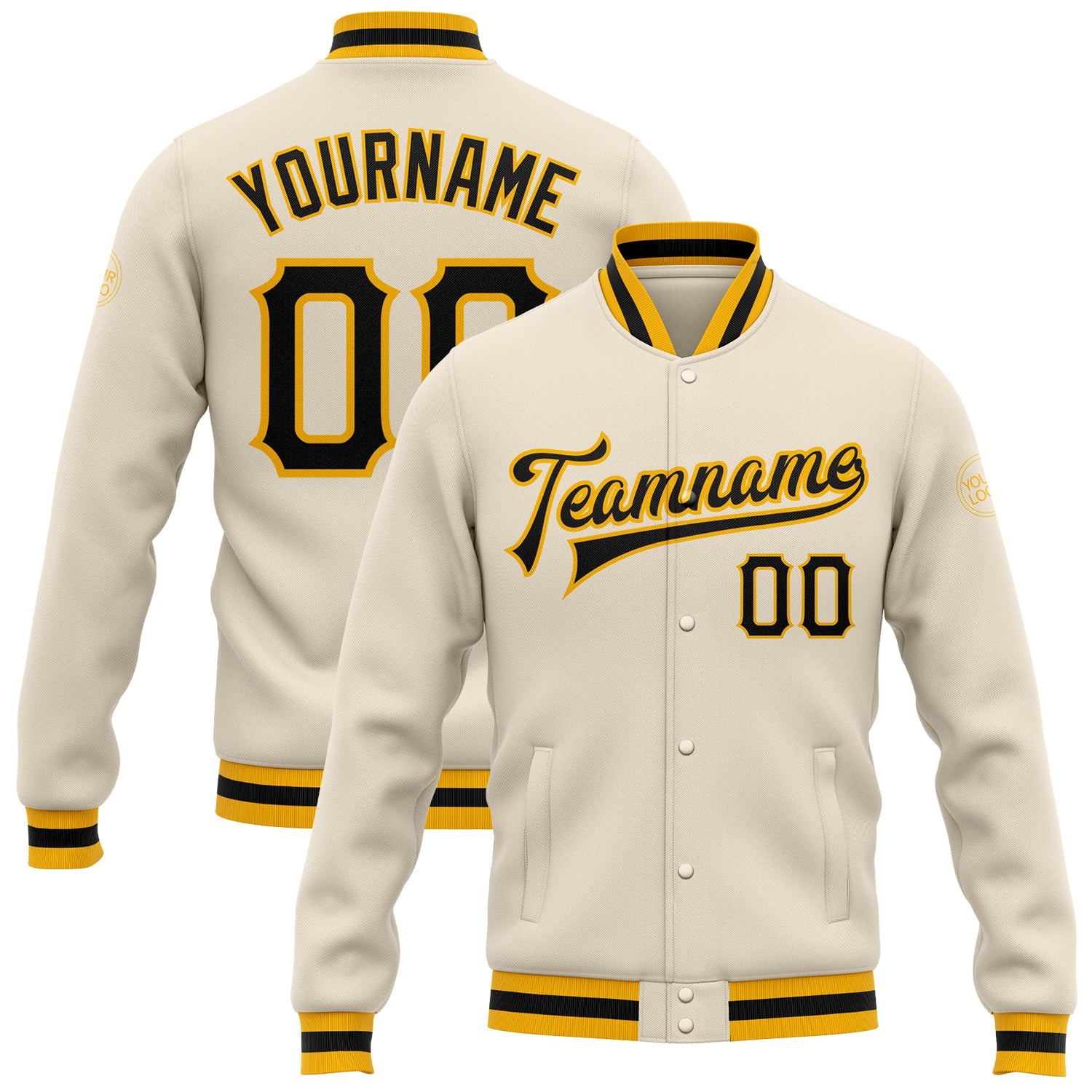 Custom Cream Black-Gold Bomber Full-Snap Varsity Letterman Jacket - Main View