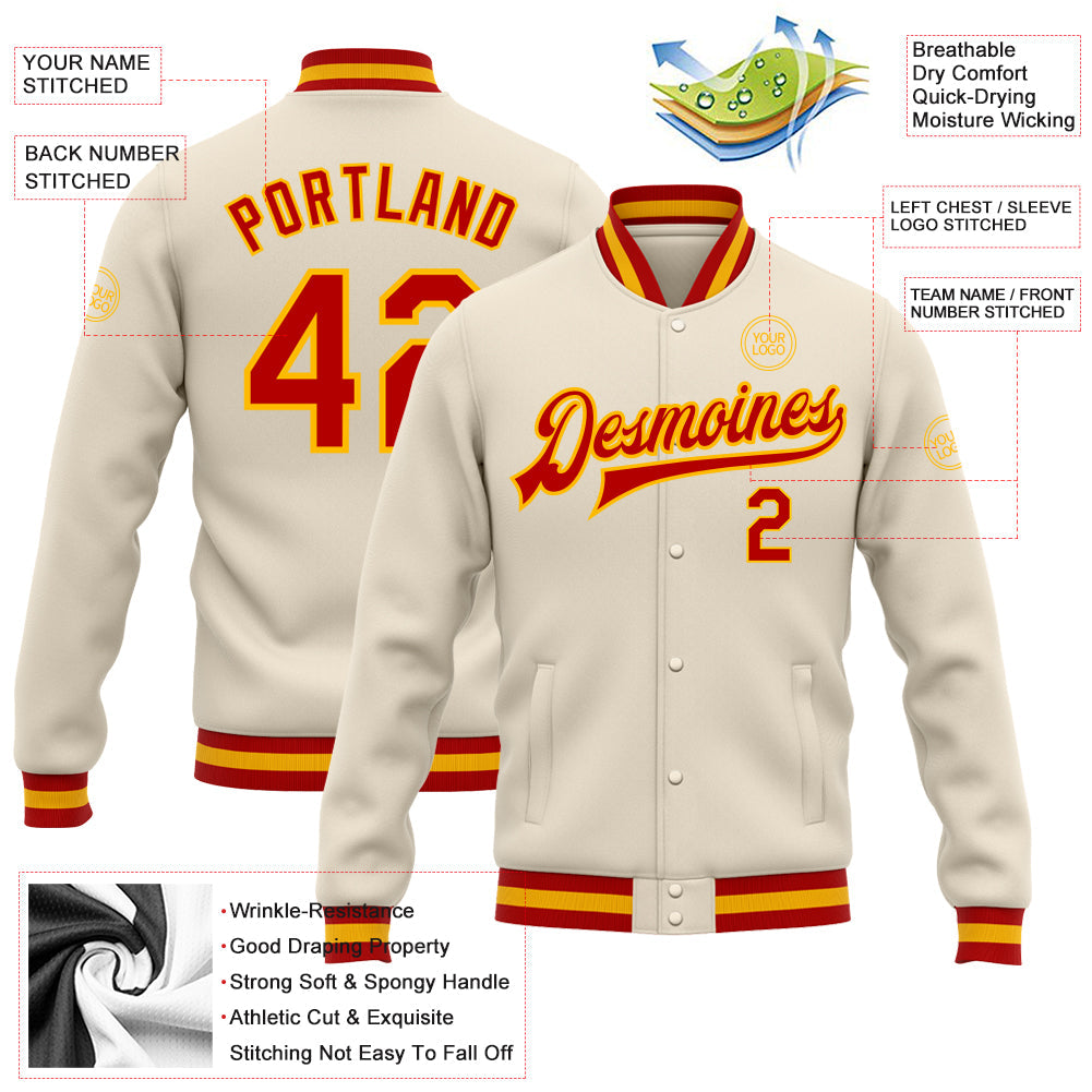 Custom Cream Red-Gold Bomber Full-Snap Varsity Letterman Jacket view 5