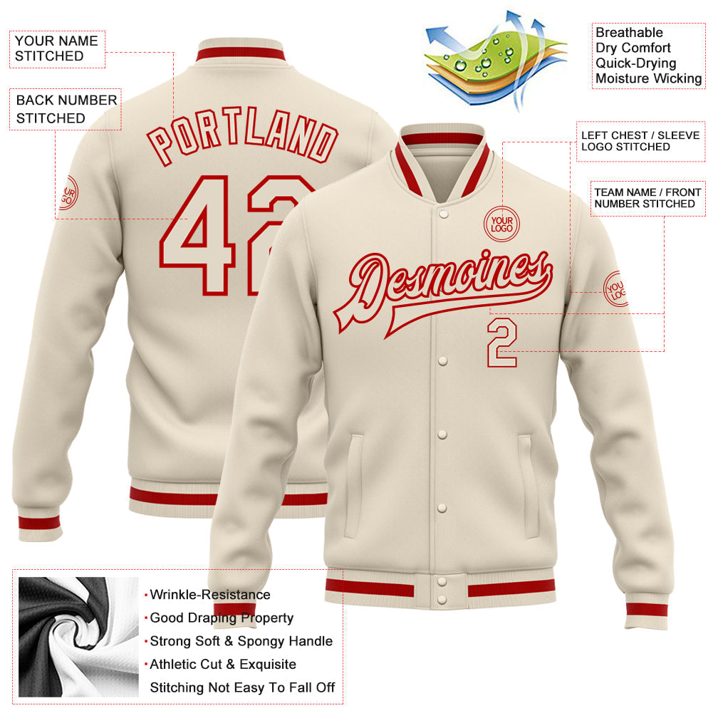 Custom Cream Cream-Red Bomber Full-Snap Varsity Letterman Jacket view 5
