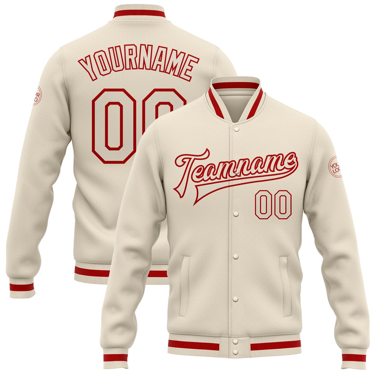 Custom Cream Cream-Red Bomber Full-Snap Varsity Letterman Jacket - Main View