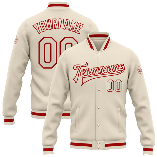 Custom Cream Cream-Red Bomber Full-Snap Varsity Letterman Jacket - Main View