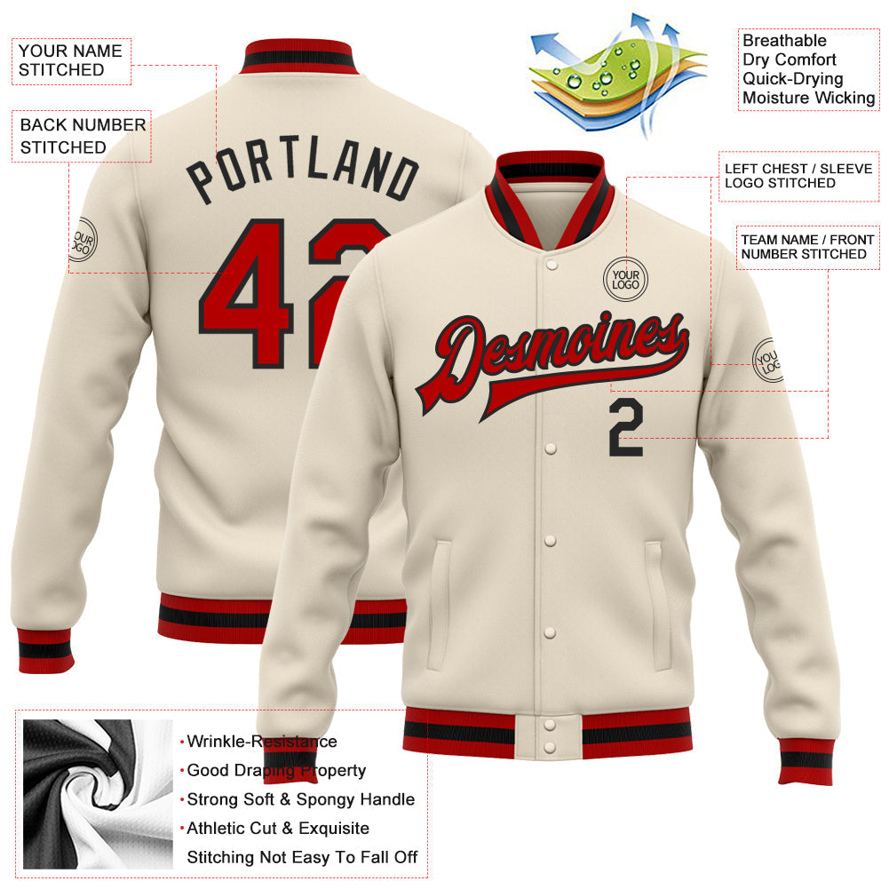 Custom Cream Red-Black Bomber Full-Snap Varsity Letterman Jacket view 5