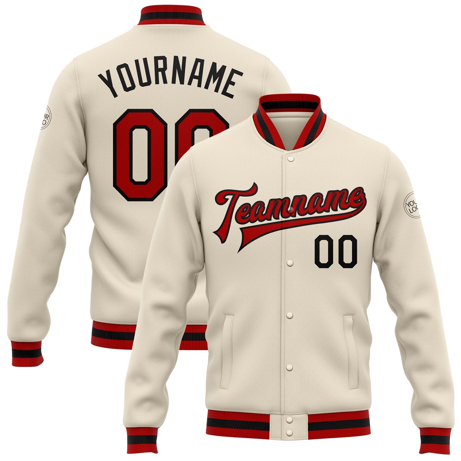 Custom Cream Red-Black Bomber Full-Snap Varsity Letterman Jacket - Main View