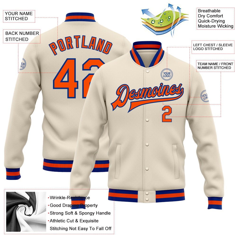 Custom Cream Orange-Royal Bomber Full-Snap Varsity Letterman Jacket view 5