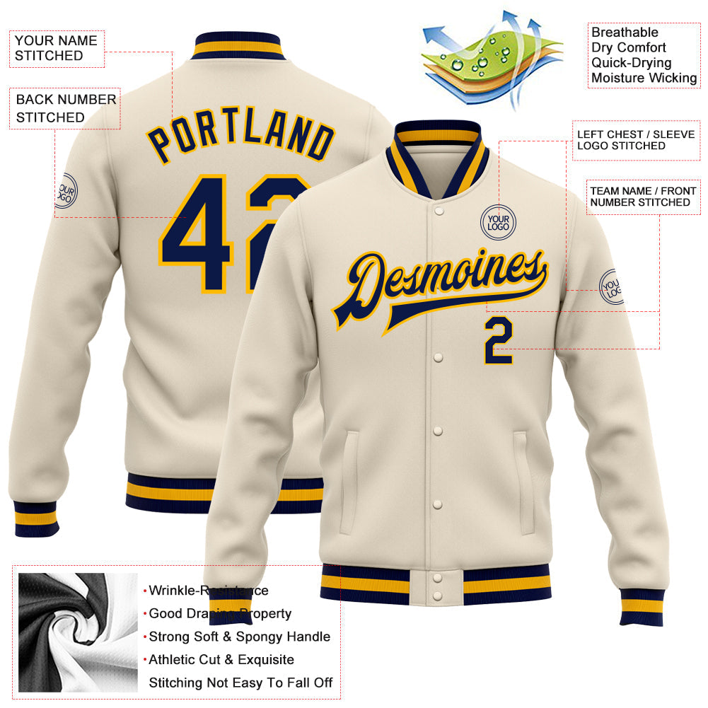 Custom Cream Navy-Gold Bomber Full-Snap Varsity Letterman Jacket view 5