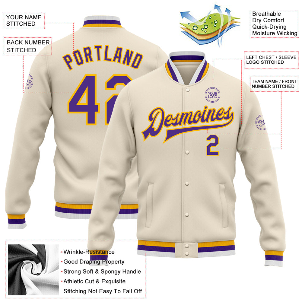 Custom Cream Purple-Gold Bomber Full-Snap Varsity Letterman Jacket view 5