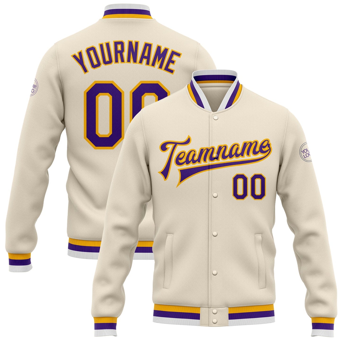 Custom Cream Purple-Gold Bomber Full-Snap Varsity Letterman Jacket - Main View